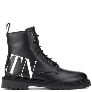 Valentino Garavani Black Leather Combat Boots with White TN Logo